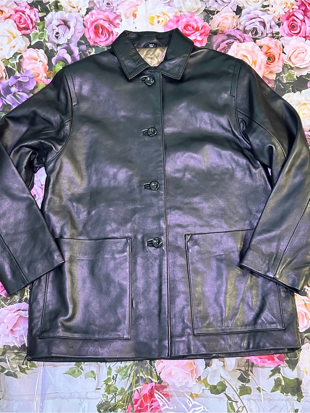 Kasper Black Leather Button-Front Trench Coat